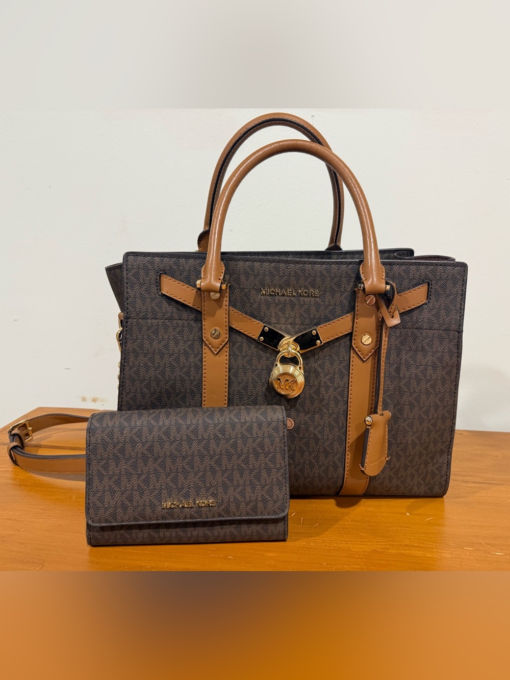 Michael Kors Brown MK Monogram Satchel with Matching Wallet